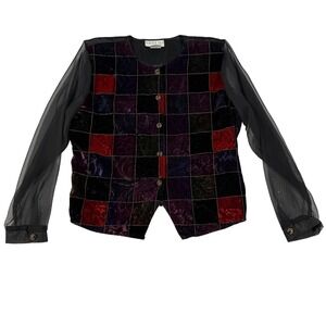 Bedford Fair Vintage Velvet Patchwork Sheer Sleeve Blouse Jewel Tone Size 16